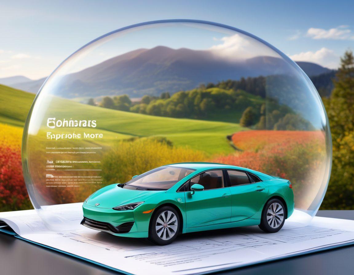 A split image showing a car shielded by a protective bubble on one side, while the other side displays a calculator with affordable insurance policies scattered around. The background features a sunny landscape and a graph showing decreasing costs. Bright, engaging colors to convey optimism. super-realistic. vibrant colors. 3D.