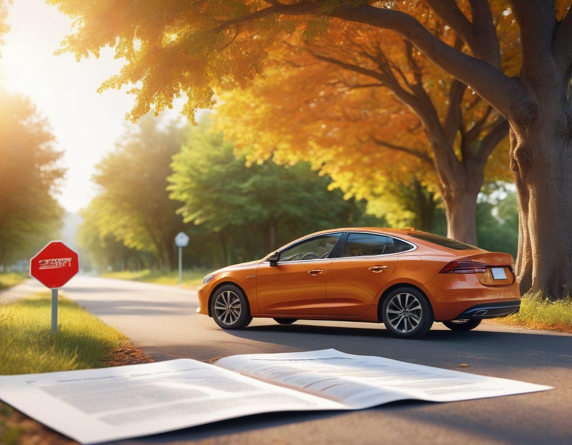 An open road stretching towards the horizon, with a car parked under a shaded tree, surrounded by various auto insurance policy documents scattered around. A sunbeam illuminating the papers, symbolizing clarity and guidance in navigating auto insurance. Include a compass subtly in the foreground, representing direction. Added elements of road signs pointing to 'Coverage', 'Savings', and 'Support'. super-realistic. vibrant colors.